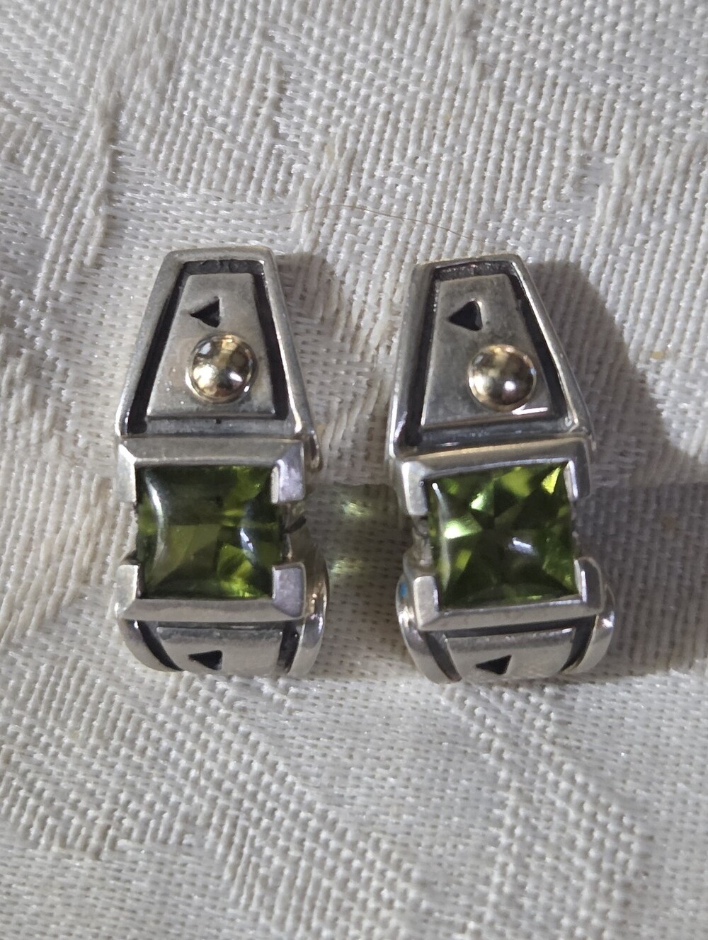 John Atencio Peridot Omega Back Earrings, SS & 18k